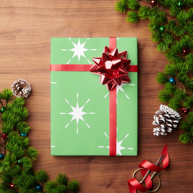 Papier Cadeau Noël vert et blanc avec étoiles (Cadeau de vacances)