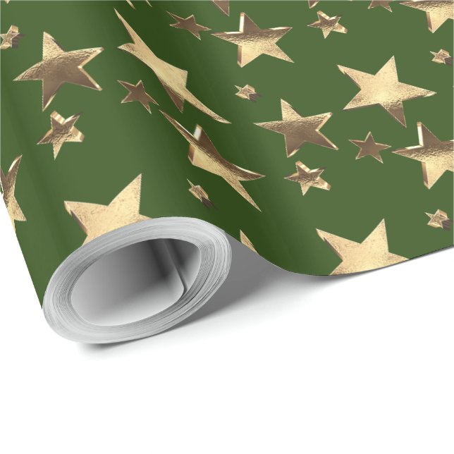 Papier Cadeau Noël Vert Faux Gold Stars Motif (Coin rond)