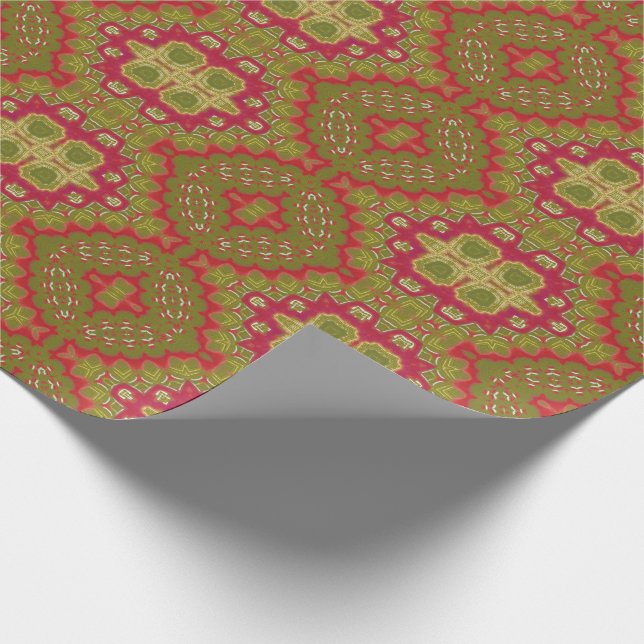 Papier Cadeau Noël vert magenta rouge d'or fleuri classique (Coin)