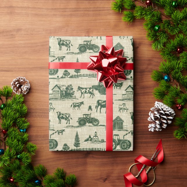 Papier Cadeau Noël Vert Toile Ferme Tracteur Vache Cheval (Cadeau de vacances)