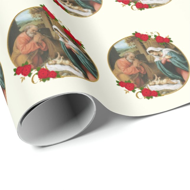 Papier Cadeau Noël Vierge Marie Bébé Jésus Joseph Nativité (Coin rond)