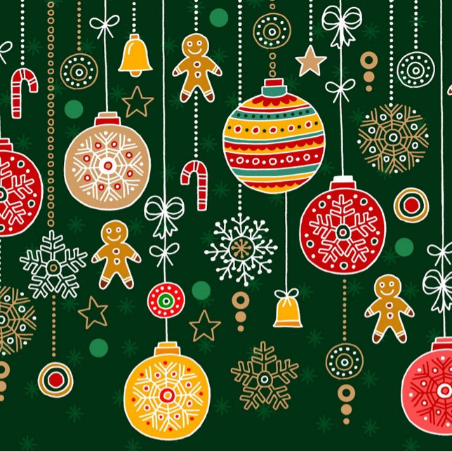 Papier Cadeau Noël vintage (A festive seamless pattern on a dark green background, featuring a variety of Christmas-themed.)