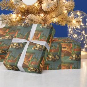 Papier Cadeau Noël vintage, Animaux endormis près de la cheminée