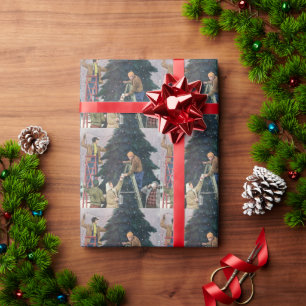 Papier Cadeau Noël vintage, famille accrochant des lumières sur 