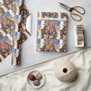 Papier Cadeau Noël vintage, famille heureuse faisant de la luge