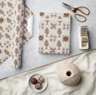 Papier Cadeau Noël vintage | Floral d'hiver | Crème, Blanc