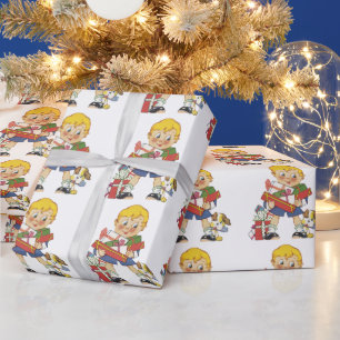 Papier Cadeau Noël vintage, garçon avec cadeaux et chiot