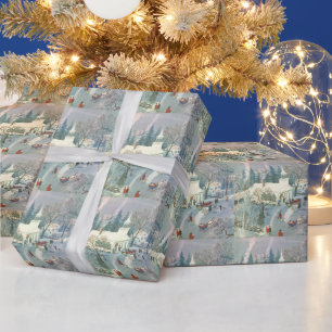 Papier Cadeau Noël vintage, gens allant à l'église dans la neige