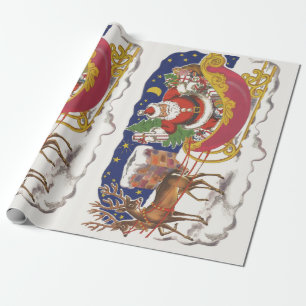 Papier Cadeau Noël vintage, joyeux Père Noël avec traîneau