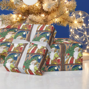 Papier Cadeau Noël vintage, Père Noël en Forêt