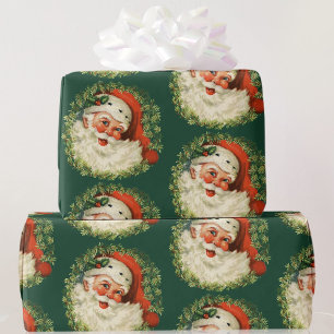 Papier Cadeau Noël vintage Père Noël Vert et Rouge