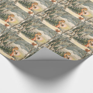 Papier Cadeau Noël vintage, Petite fille avec arbre