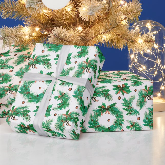 Papier Cadeau Noël Wreathes Berries Bows Noël moderne (Vacances)