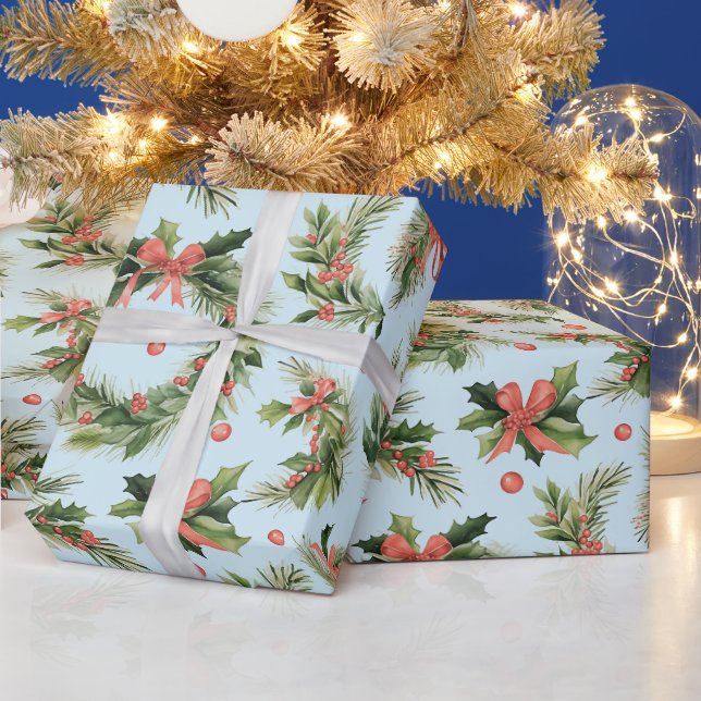 Papier Cadeau Noël Wreathes Berries Bows Noël moderne (Vacances)