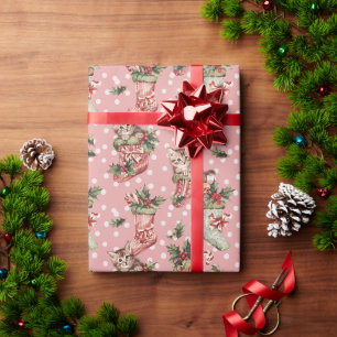 Papier Cadeau Noëls avec chatons sur Arrière - plan rose