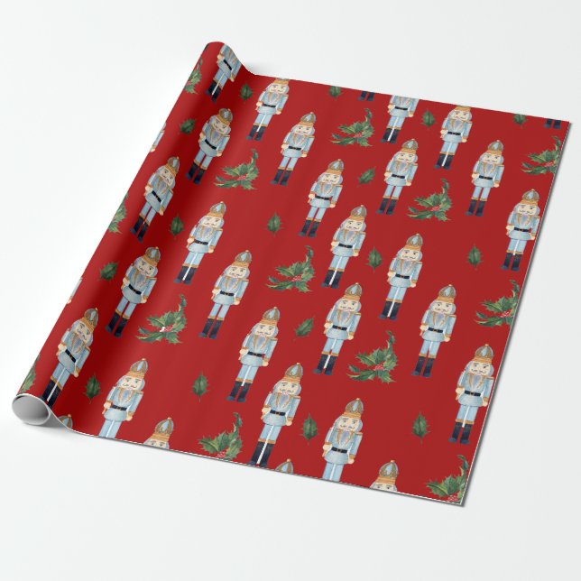 Papier Cadeau Noëls bleus de Noël sur rouge (Déroulé)