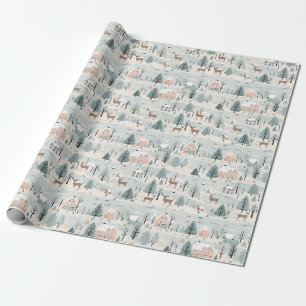 Papier Cadeau Noëls d'art populaire scandinave Cerfs Pins Arbres