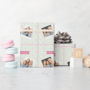 Papier Cadeau Nœud Rose Personnalisé Rayure Verte Coquette Prépa