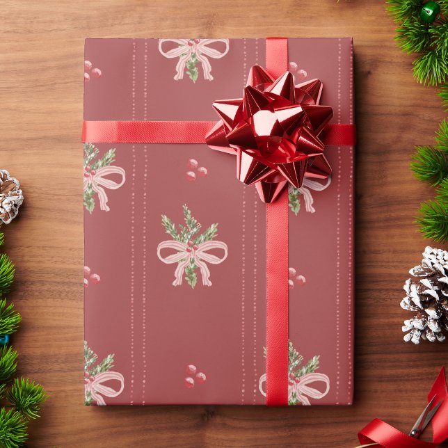 Papier Cadeau Nœuds botaniques rouge rustique Noël (Rustic Red Botanical Bows Christmas Wrapping Paper | Vintage Holiday Elegance by Painted Paperie)