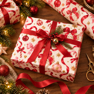 Papier Cadeau Nœuds festifs rouges et roses pour les Fêtes