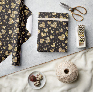 Papier Cadeau Noir avec coeurs scintillants dorés