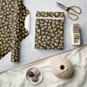 Papier Cadeau Noir avec coeurs scintillants dorés