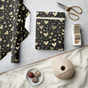 Papier Cadeau Noir avec coeurs scintillants dorés