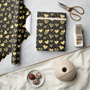 Papier Cadeau Noir avec coeurs scintillants dorés