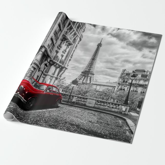 Papier Cadeau Noir, blanc et rouge de tour d'Eiffle (Déroulé)