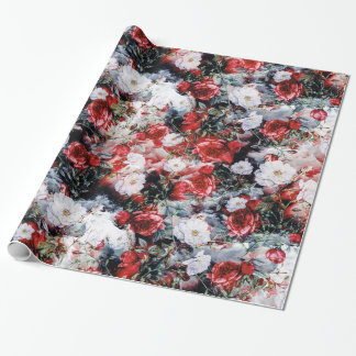 Papier Cadeau Noir blanc floral de roses victoriens rouges