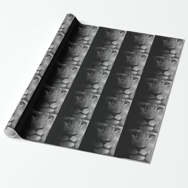 Papier Cadeau Noir Blanc Motivation Leadership Lion Portrait (Déroulé)
