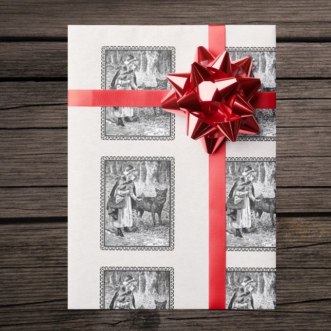 Papier Cadeau Noir Blanc Rouge Hotte de Riding Wolf Cadre Noir (Vintage Red Riding Hood wolf in forest in black frame on textured look white gift wrap paper.)