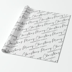 Papier Cadeau Noir blanc Script Joyeux Noël Nom de famille Guer