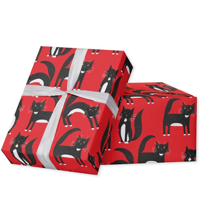 Papier Cadeau Noir et blanc Cute Tuxedo Kitty Motif rouge (Black and white bicolor Tuxedo Cat pattern red gift wrapping paper roll)