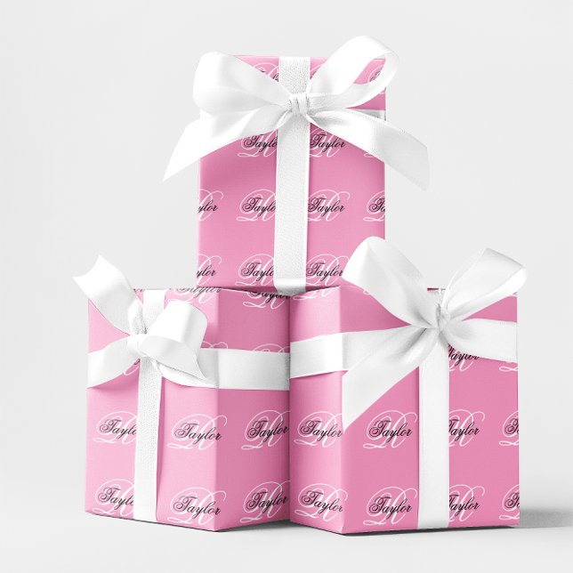Papier Cadeau Noir et blanc Fatigue Monogramme rose (Black and White Fancy Monogram Pink Wrapping Paper)