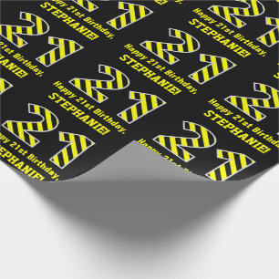 Papier Cadeau Noir et Jaune rayé "21"; 21e anniversaire + nom