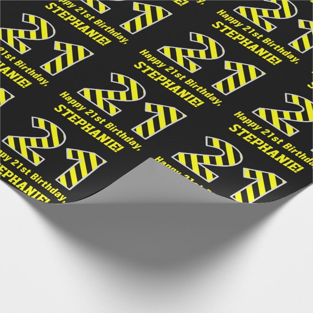 Papier Cadeau Noir et Jaune rayé "21"; 21e anniversaire + nom (Coin)