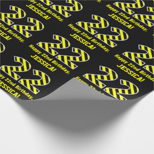 Papier Cadeau Noir et jaune rayé "22"; 22e anniversaire + nom