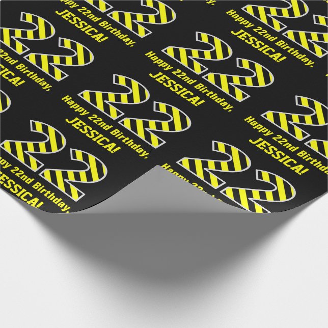 Papier Cadeau Noir et jaune rayé "22"; 22e anniversaire + nom (Coin)