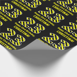 Papier Cadeau Noir et jaune rayé "23"; 23e anniversaire + nom