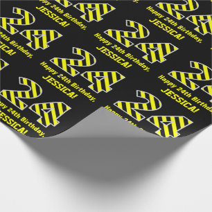Papier Cadeau Noir et Jaune rayé "24"; 24e anniversaire + nom