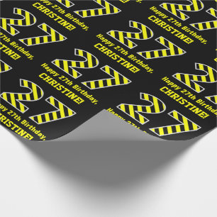 Papier Cadeau Noir et Jaune rayé "27"; 27e anniversaire + nom