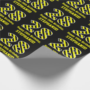 Papier Cadeau Noir et jaune rayé "28"; 28e anniversaire + nom