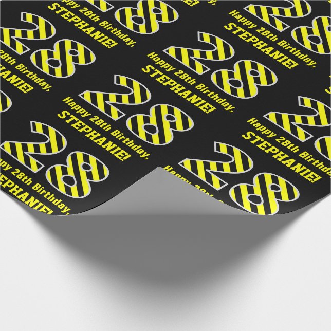 Papier Cadeau Noir et jaune rayé "28"; 28e anniversaire + nom (Coin)