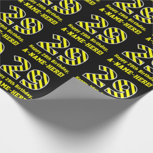 Papier Cadeau Noir et jaune rayé "29"; 29e anniversaire + nom