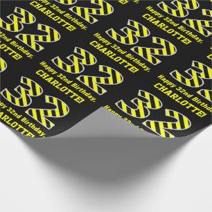 Papier Cadeau Noir et jaune rayé "32"; 32e anniversaire + nom