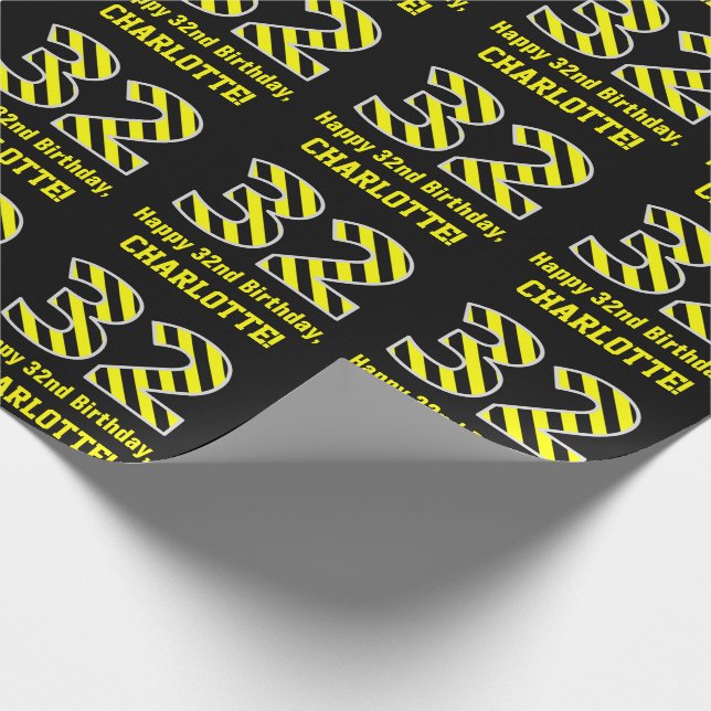 Papier Cadeau Noir et jaune rayé "32"; 32e anniversaire + nom (Coin)
