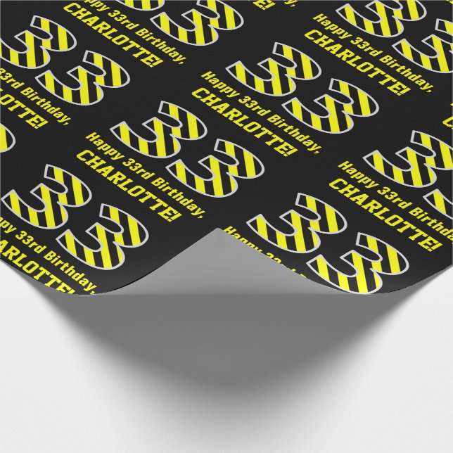 Papier Cadeau Noir et jaune rayé "33"; 33e anniversaire + nom (Coin)