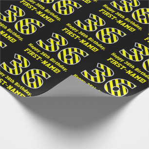 Papier Cadeau Noir et jaune rayé "36"; 36e anniversaire + nom
