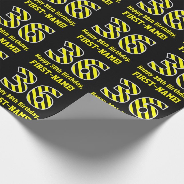 Papier Cadeau Noir et jaune rayé "36"; 36e anniversaire + nom (Coin)